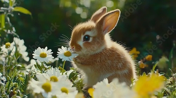 Fototapeta A fluffy brown rabbit enjoying a daisy flower in a field