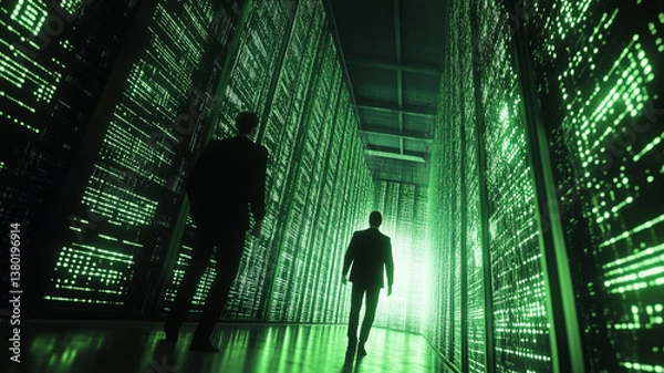 Fototapeta Silhouetted figures walking through high tech data center, illuminated by glowing green lights, representing cybersecurity and data encryption in modern corporate environment