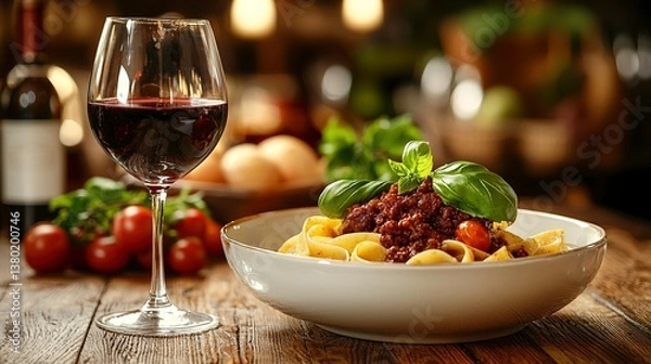 Fototapeta Delicious pasta dish with red wine in an elegant restaurant setting