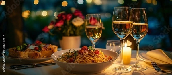 Fototapeta An elegant dinner scene with food and wine on the table