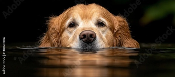 Fototapeta A golden retriever dog is swimming with his head above the water