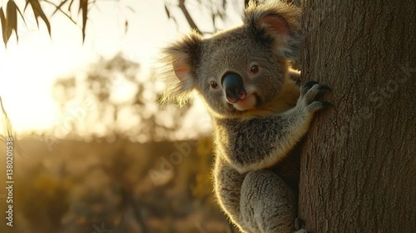 Fototapeta A koala bear peeking from behind a tree trunk in the sun