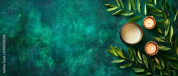 Obraz top view of two burning candles and baptismal font over modern emerald green background; simple catholic religion design with copy space