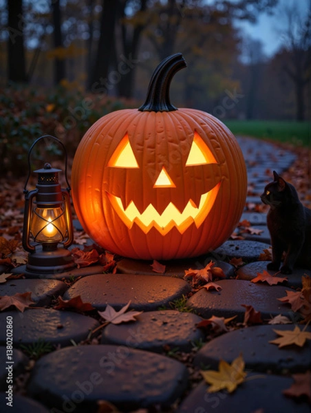 Obraz Glowing jack-o'-lantern beside lantern on autumn path, Halloween spirit