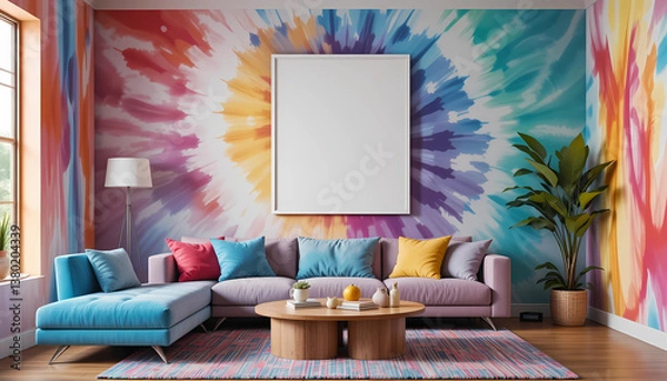 Fototapeta A dynamic retro-modern living room with tie-dye all-color walls, featuring a framed poster mockup in a sleek white frame outlined with a bold black border.