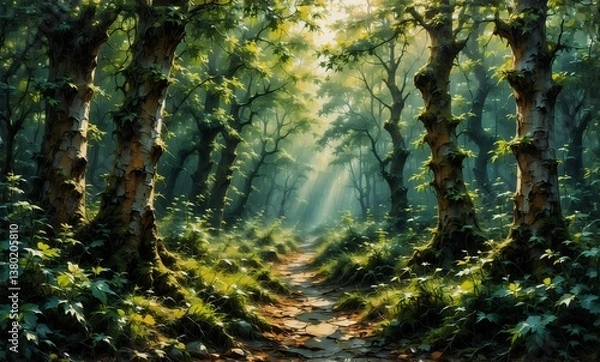 Obraz A sunlit path winds through a dense, green forest. Tall trees with textured bark line the way, while soft light filters through the leaves, creating a serene and natural scene.
