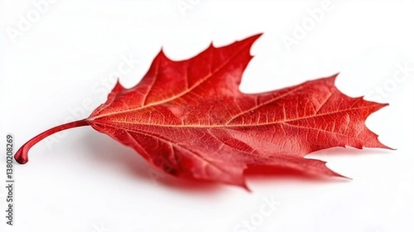 Fototapeta Close-up of single red maple leaf on clean white background with vivid veins and natural textures ideal for Canada Day designs, patriotic visuals, and minimalist product mockups