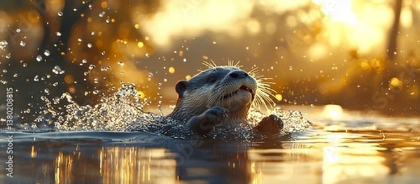 Fototapeta An otter swims through water with visible droplets and splashes
