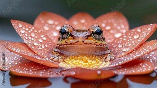 Fototapeta A vibrant frog resting gracefully atop a beautiful water lily flower
