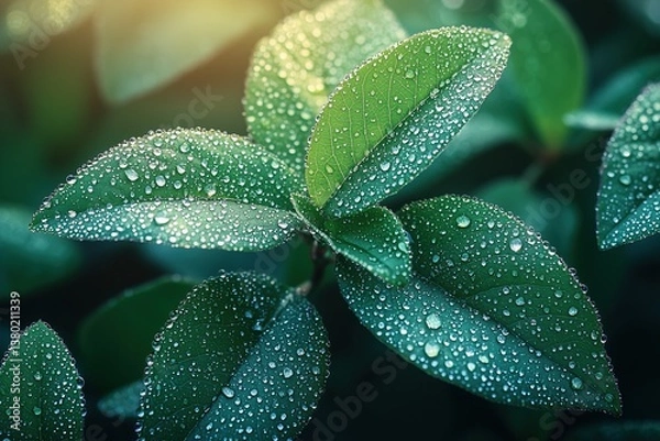 Fototapeta Close-up of green leaves covered in fresh water droplets under soft natural light perfect for skincare branding, nature-themed backgrounds and eco-friendly design visuals