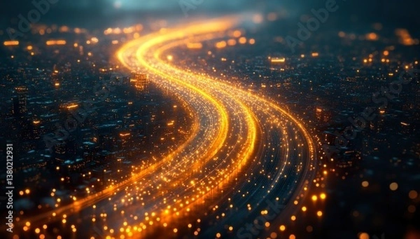 Fototapeta Cinematic Aerial View of an Intricate Highway Interchange, Merging Multiple Roads, Illuminated by Yellow Traffic Lights, Dark Blue Background, Contrast with City Lights, Detailed Urban Landscape, 