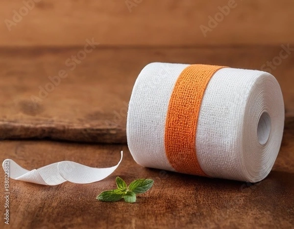Fototapeta Close-up of a white medical bandage roll with an orange stripe, resting on a rustic wooden surface.