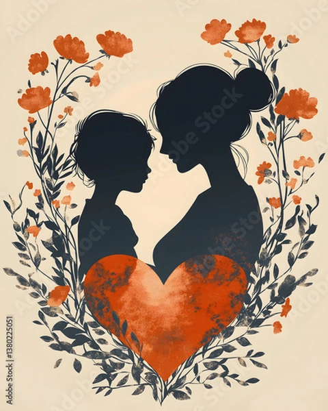 Obraz Mother and Child Silhouette: A tender and heartfelt silhouette captures the bond between a mother and child, surrounded by a wreath of delicate flowers, symbolizing love and nurturing.