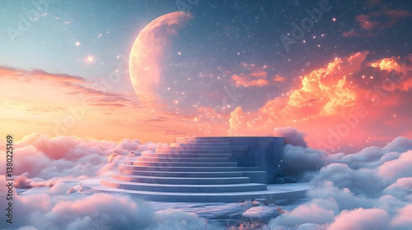 Obraz Stairway to Celestial Dreams: A mesmerizing view of a stairway floating amidst the clouds, bathed in the ethereal glow of a surreal sunset, the vast expanse of a crescent moon.