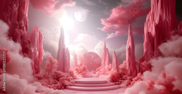 Obraz Whimsical Dreamscape: A surreal, ethereal scene of pink clouds, rock formations, and a distant moon creates a magical, dreamlike world.