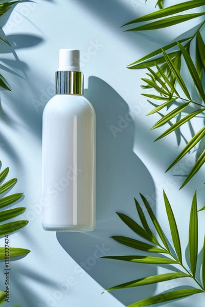 Fototapeta Minimalist Cosmetics Bottle Surrounded by Green Leaves on a Light Blue Background