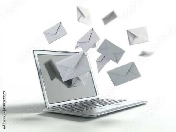 Fototapeta A laptop that has envelopes flying out of it in a dynamic scene