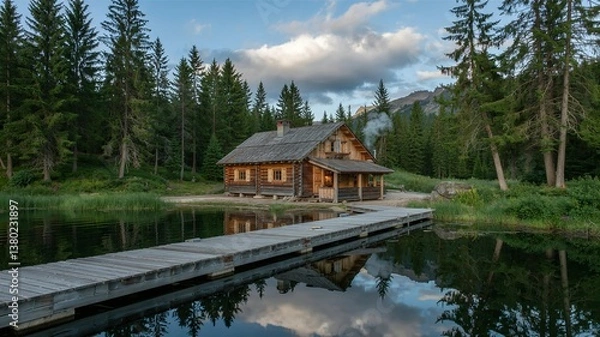 Obraz A wooden cabin by a lake, surrounded by pine trees and mountains, reflecting a peaceful and natural atmosphere.