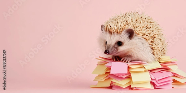 Fototapeta A cute hedgehog sits atop a colorful stack of sticky notes against a soft pink background, blending whimsy and creativity.