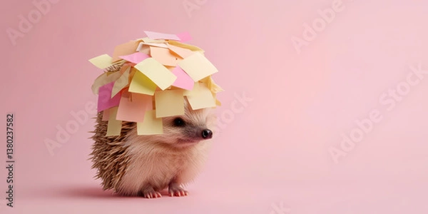 Fototapeta A cute hedgehog adorned with colorful sticky notes sits against a soft pink background, creating a whimsical and playful scene.