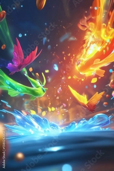 Obraz A vibrant illustration of colorful birds emerging from a splashing water surface, set against a dreamy, glowing background filled with abstract shapes and light effects, evoking a sense magic wonder
