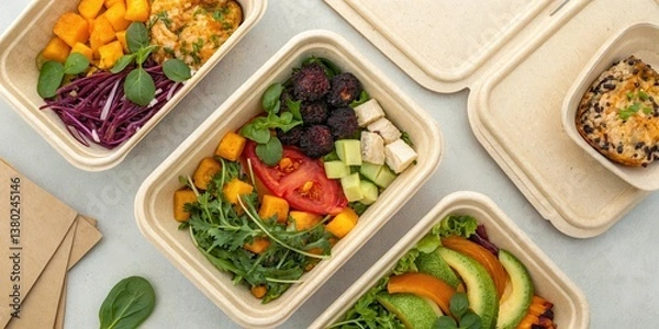 Fototapeta Eco-Friendly Consumer Practices Concept. Takeout containers made from compostable materials arranged in a flat lay style.