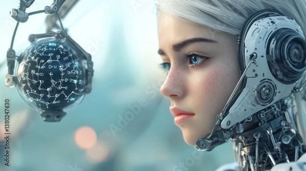 Obraz Cybernetic Serenity:  A captivating cybernetic woman, with silver hair and ethereal blue eyes, gazes with a calm, contemplative expression, while mechanical components subtly frame her features.