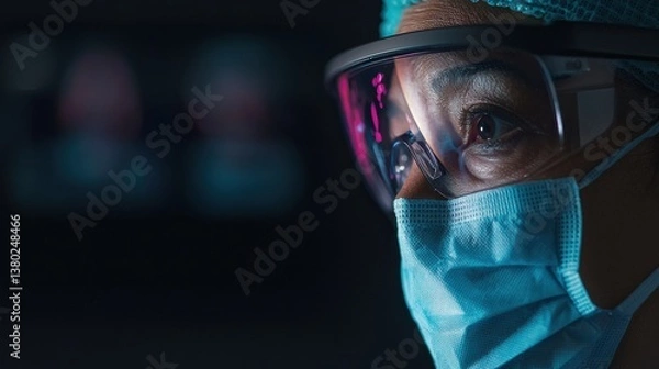 Obraz A surgeon, clad in surgical attire and eyewear, intently focused with a deep concentration reflecting a medical professional dedicated to precision.
