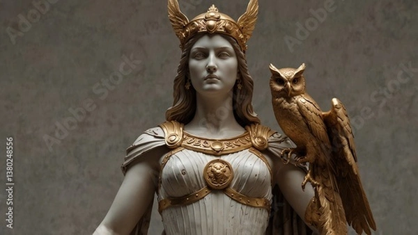 Fototapeta A sculpture of Pallas Athena, the warrior goddess, holding a golden shield with an owl perched on her helmet, symbolizing wisdom and strategy
