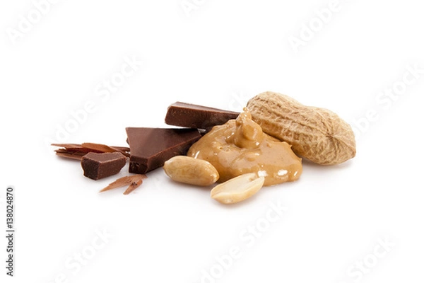 Fototapeta Peanut butter, peanuts and chocolate on white