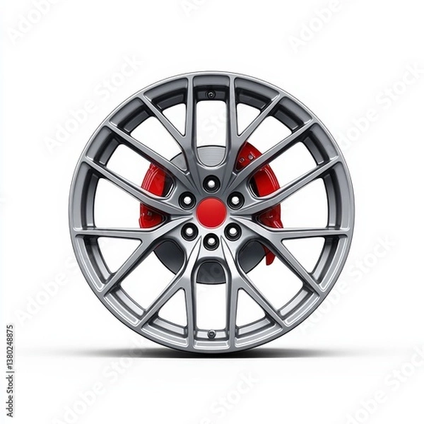 Fototapeta Grey Alloy Wheel with Red Brake Caliper on White Background