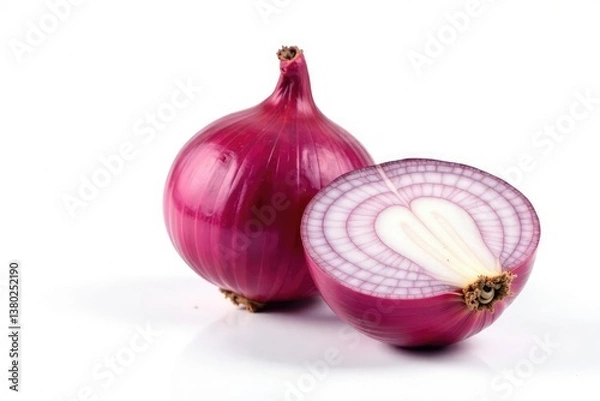 Fototapeta Single red onion, vibrant color, clean white backdrop, vibrant, closeup, produce