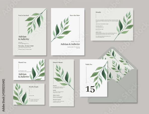Fototapeta Minimalist wedding suite with greenery leaf illustrations. A simple and minimalist wedding stationery template.