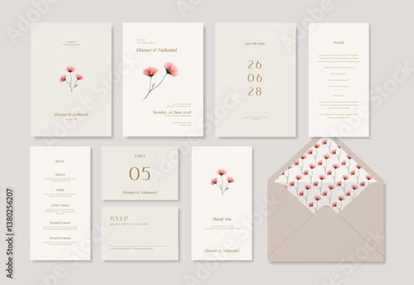Fototapeta Minimalist wedding suite with beautiful floral illustrations. A simple and minimalist wedding stationery template.
