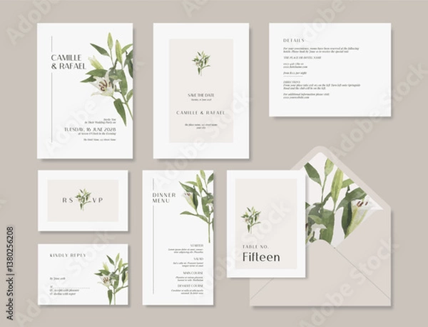 Fototapeta Minimalist wedding stationery template with a beautiful watercolor floral illustration.