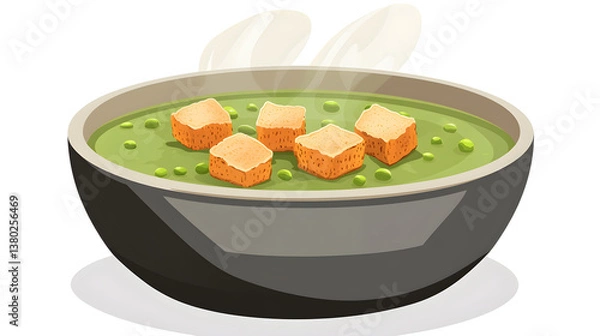 Obraz A steaming bowl of pea soup with croutons on top