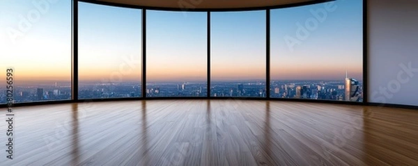 Fototapeta An empty modern living room with a large floor to ceiling window overlooking a futuristic cityscape. Bright room vast window city view.