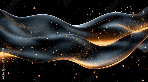 Fototapeta Wavy, fluid gray material with golden sparkles against a dark background