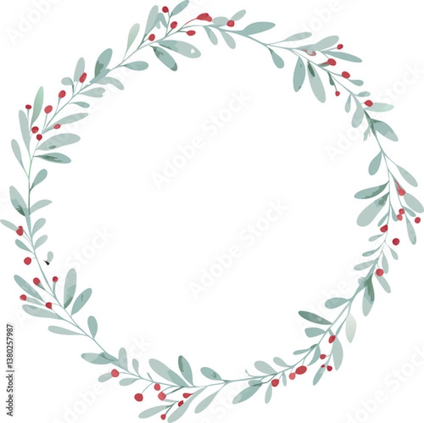 Fototapeta Elegant Watercolor Wreath Festive Berries, Greenery Circle Frame