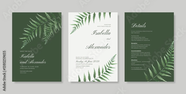 Fototapeta Minimalist wedding invitation with greenery leaf illustrations