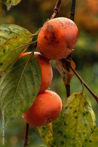 Fototapeta Persimmon on a tree in nature. Fresh persimmon fruits, ripe on the branches. Persimmon on a tree, a fruit grown in the mountains of the Caucasus. Juicy persimmon fruits among the green foliage.