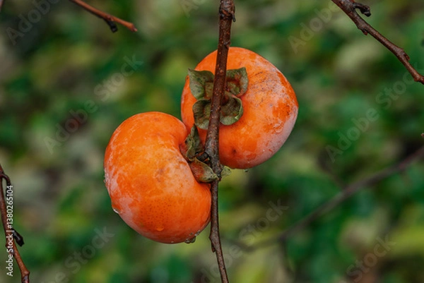 Fototapeta Persimmon fruits on a tree in nature. Fresh persimmon fruits, ripe on the trees on the branches. Juicy persimmon fruits. Persimmon on a tree, a fruit grown in the mountains of the Caucasus. 