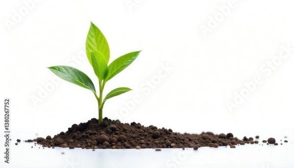 Fototapeta Small, vibrant green sapling isolated on bright white, isolated, agriculture