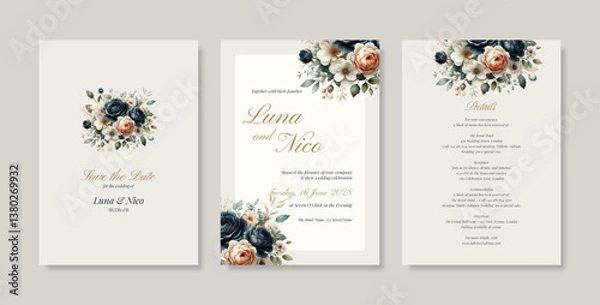 Fototapeta Luxury wedding invitation template with an elegant watercolor bouquet illustration.