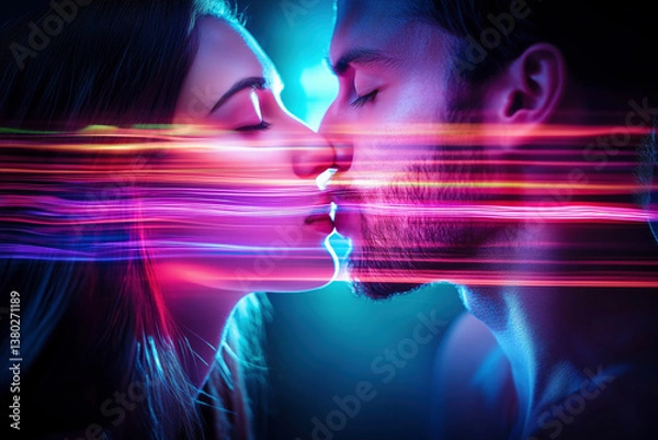 Fototapeta A luminous kiss, a couple's connection illuminated by vibrant hues of light and energy, a romantic and abstract artwork. - International Kissing Day