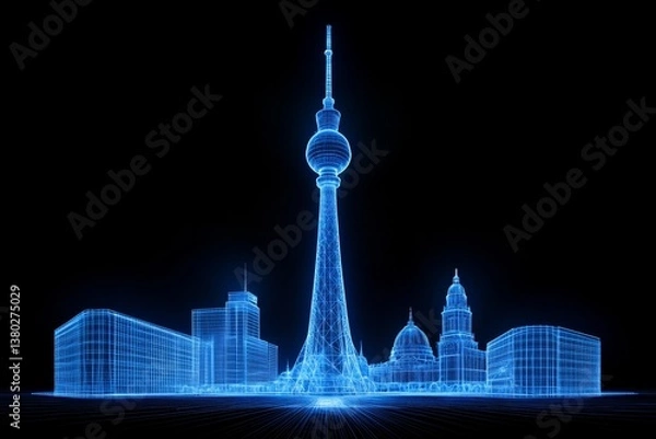 Fototapeta A 3D-rendered model of Berlin skyline at night, featuring a glowing Berlin TV Tower