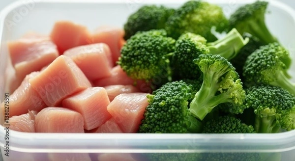 Fototapeta Fresh cubed chicken and broccoli in container for healthy meal prep