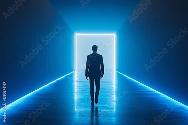 Fototapeta Silhouette of a man in a suit walking towards a bright light at the end of a blue neon-lit hallway.  Mysterious and hopeful.