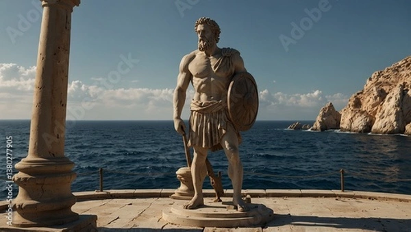 Fototapeta A statue of Odysseus, standing beside a broken ship's helm, gazing into the endless sea