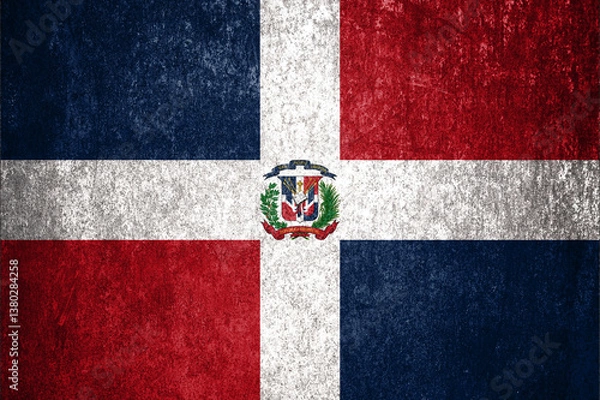 Obraz Dominican Republic state flag on a metal surface. Dirty grunge Dominican Republic  flag.